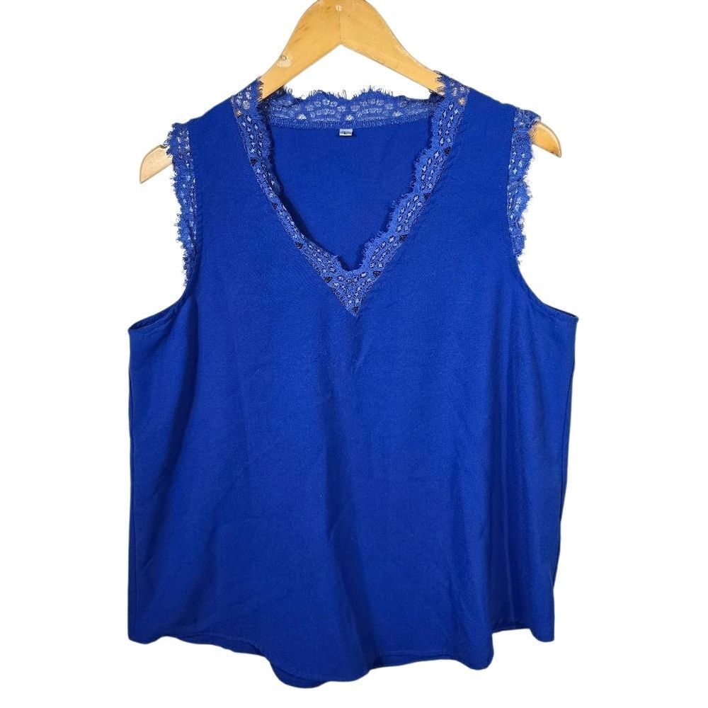 HARHAY Blue Lace Trimmed Tank Size Large